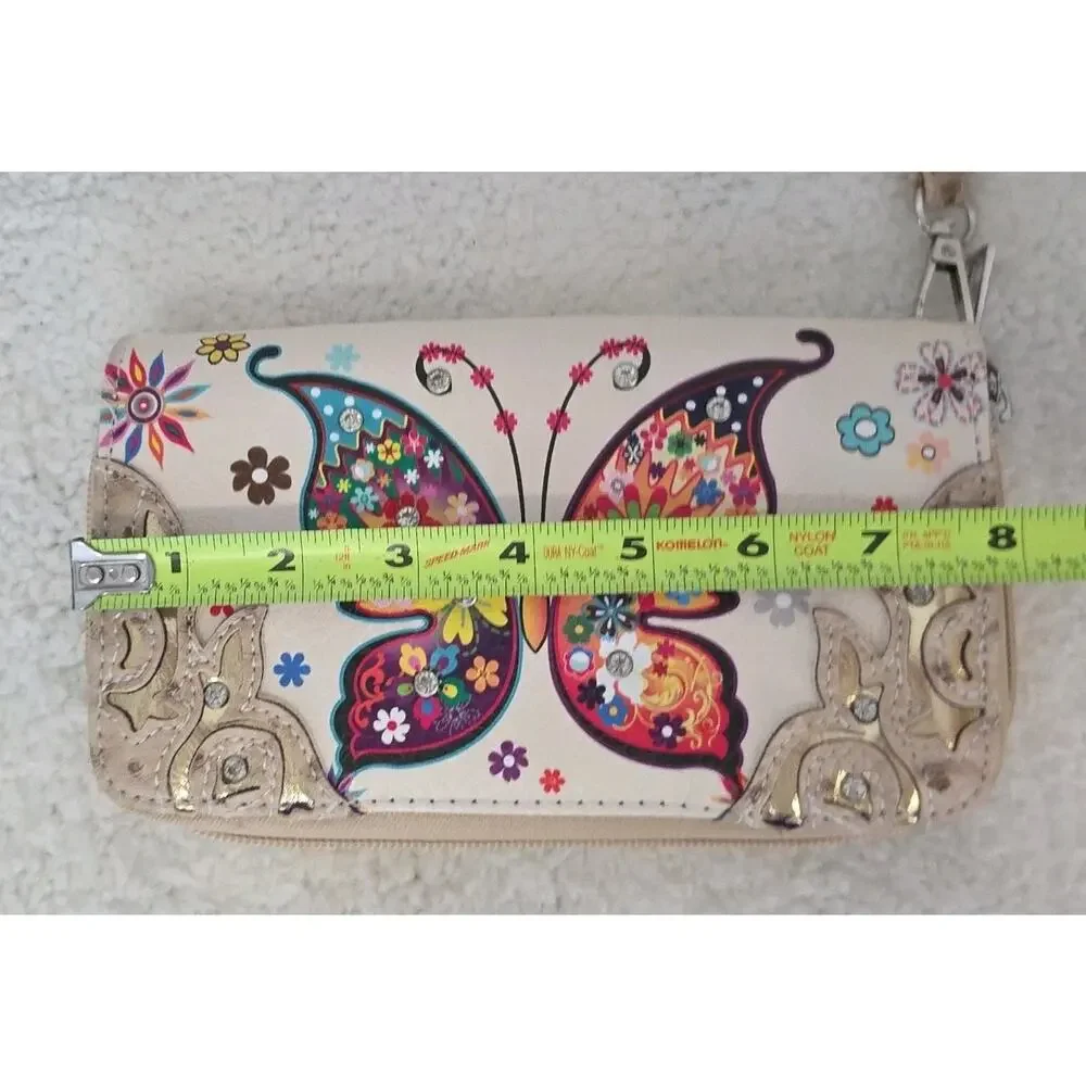 Colorful Embellished Butterfly Floral Design Wristlet Wallet Clutch Purse Tan